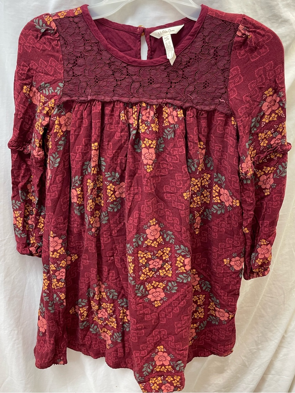Matilda Jane Burgundy Floral Lace-Yoke Tunic Dress girl sz 14